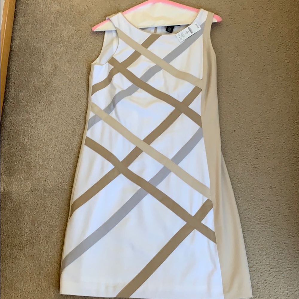 White and khaki cross stitch detail sheath dress